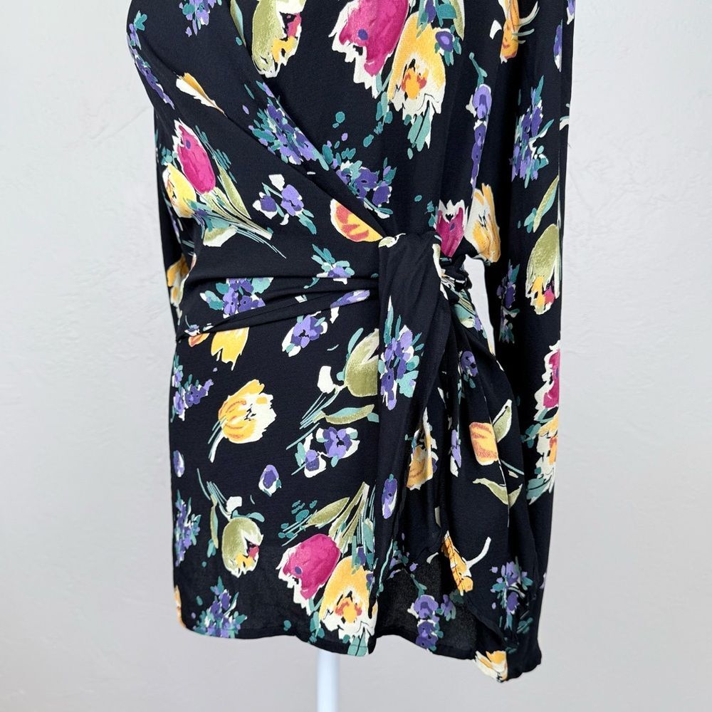 Vintage Rodier Floral Wrap Long Sleeve Black Multicolor Print Top 46 FR US L - Picture 6 of 13
